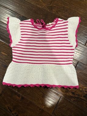 entro White and Hot Pink Striped Crochet Flutter Sleeve Top